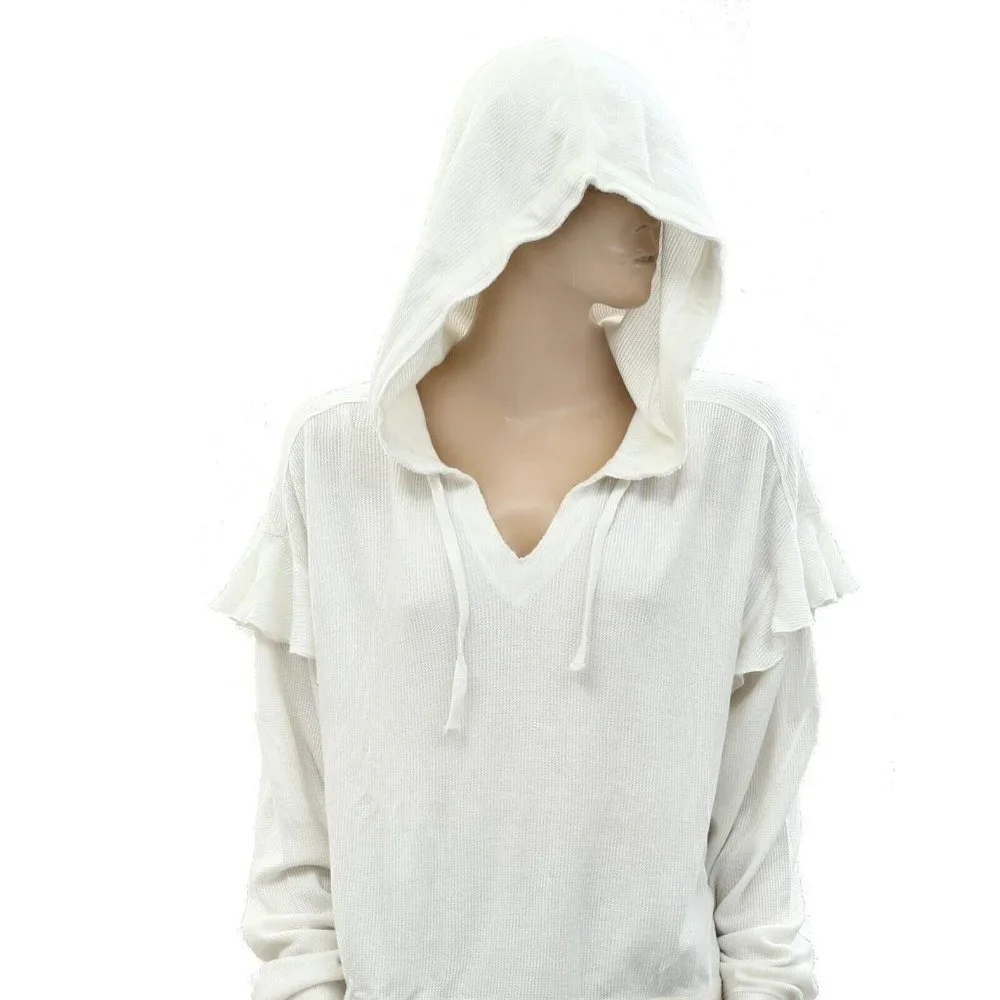 Urban Outfitters UO Thermal Hoodie Blouse Top White Cotton Ruffle L New
